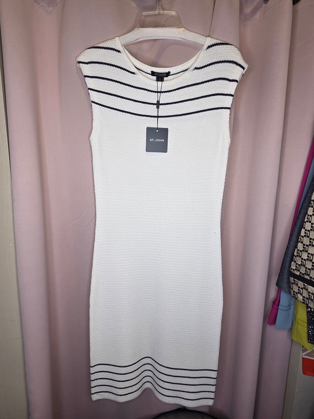 NWT St. John Collection White Sleeveless Striped Knit Sheath Dress Size Medium